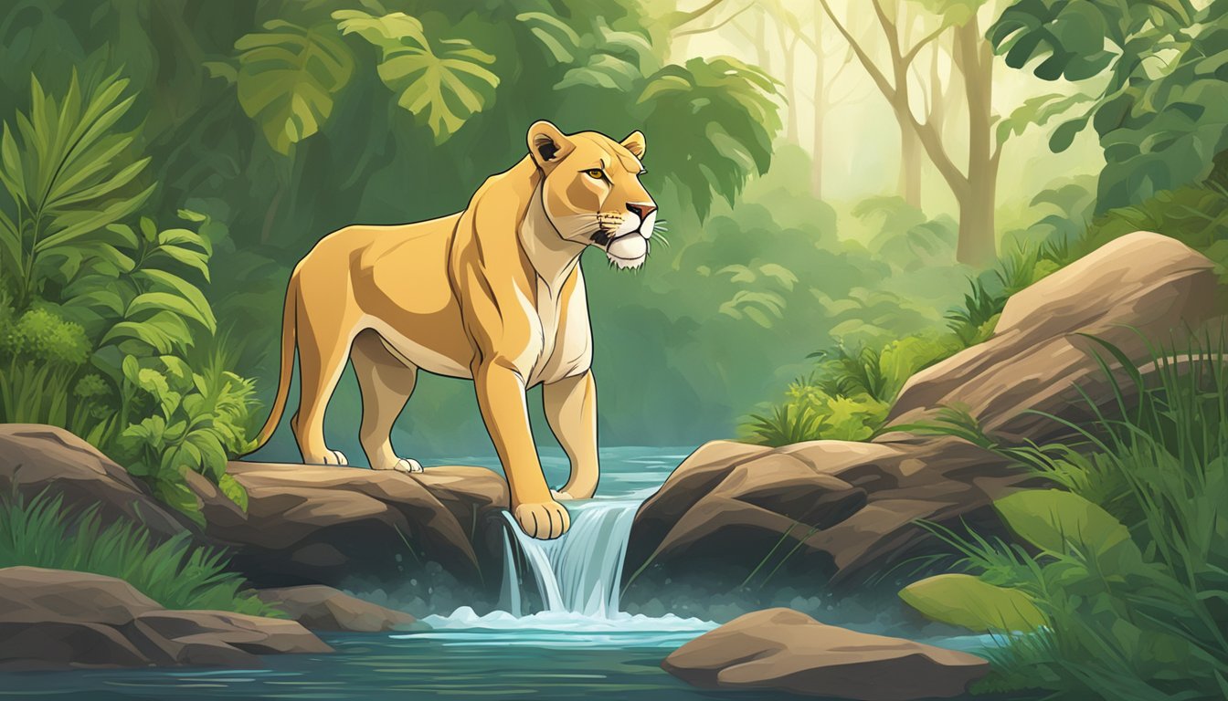 A lioness drinks from a river, surrounded by lush greenery and vibrant wildlife. She appears strong and healthy, showcasing the benefits of a carnivore diet