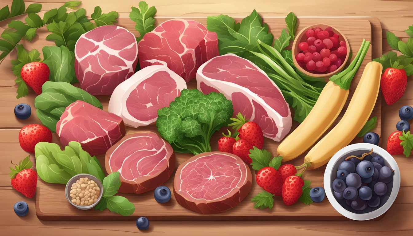 A variety of fresh, raw meats and organs arranged on a wooden cutting board, surrounded by vibrant green leafy vegetables and colorful berries