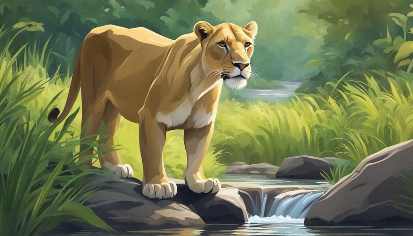 A lioness drinks from a stream surrounded by lush greenery