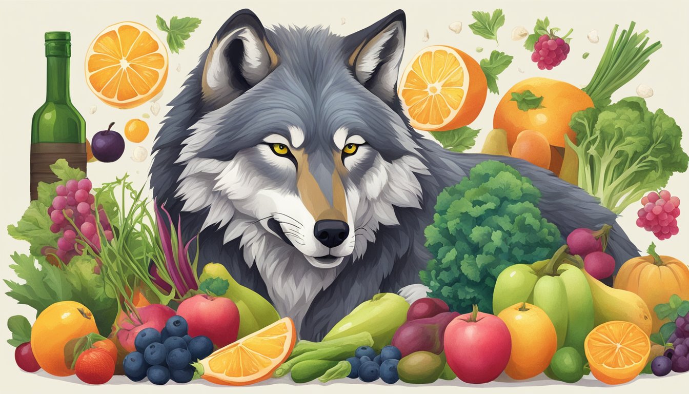 A wolf devouring a fresh kill, surrounded by a variety of colorful fruits and vegetables, with a bottle of Betaine Plus HP nearby