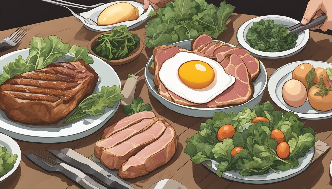 A table set with various meats, eggs, and leafy greens. A person lifting weights in the background