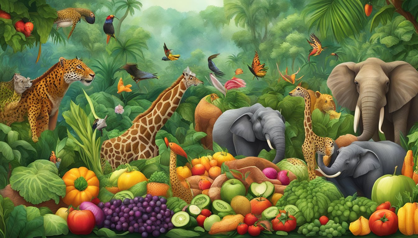 A lush, vibrant jungle setting with a variety of carnivorous animals feasting on a diverse array of meat, surrounded by an abundance of fresh, colorful fruits and vegetables