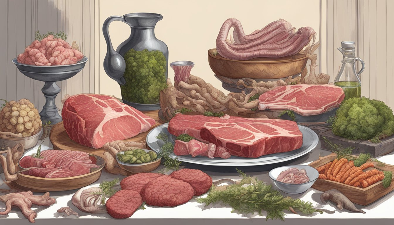 A table set with raw meat, bones, and organs, surrounded by carnivorous animals