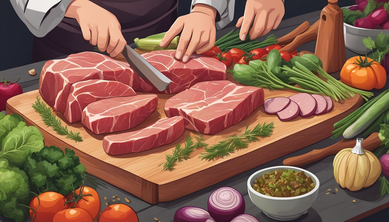 A butcher arranging various cuts of meat on a cutting board, surrounded by fresh vegetables and herbs