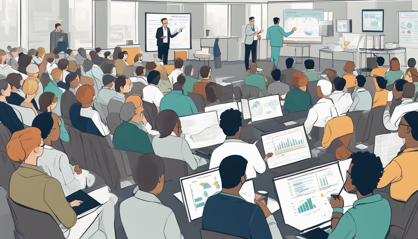 Scientists presenting findings at the carnivore summit, surrounded by charts and graphs, with attentive audience members taking notes