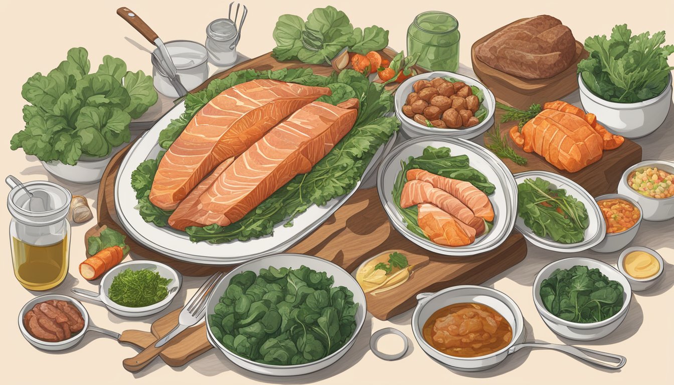 A table set with a variety of meats, fish, and leafy greens, with cooking utensils and a meal plan calendar on the wall