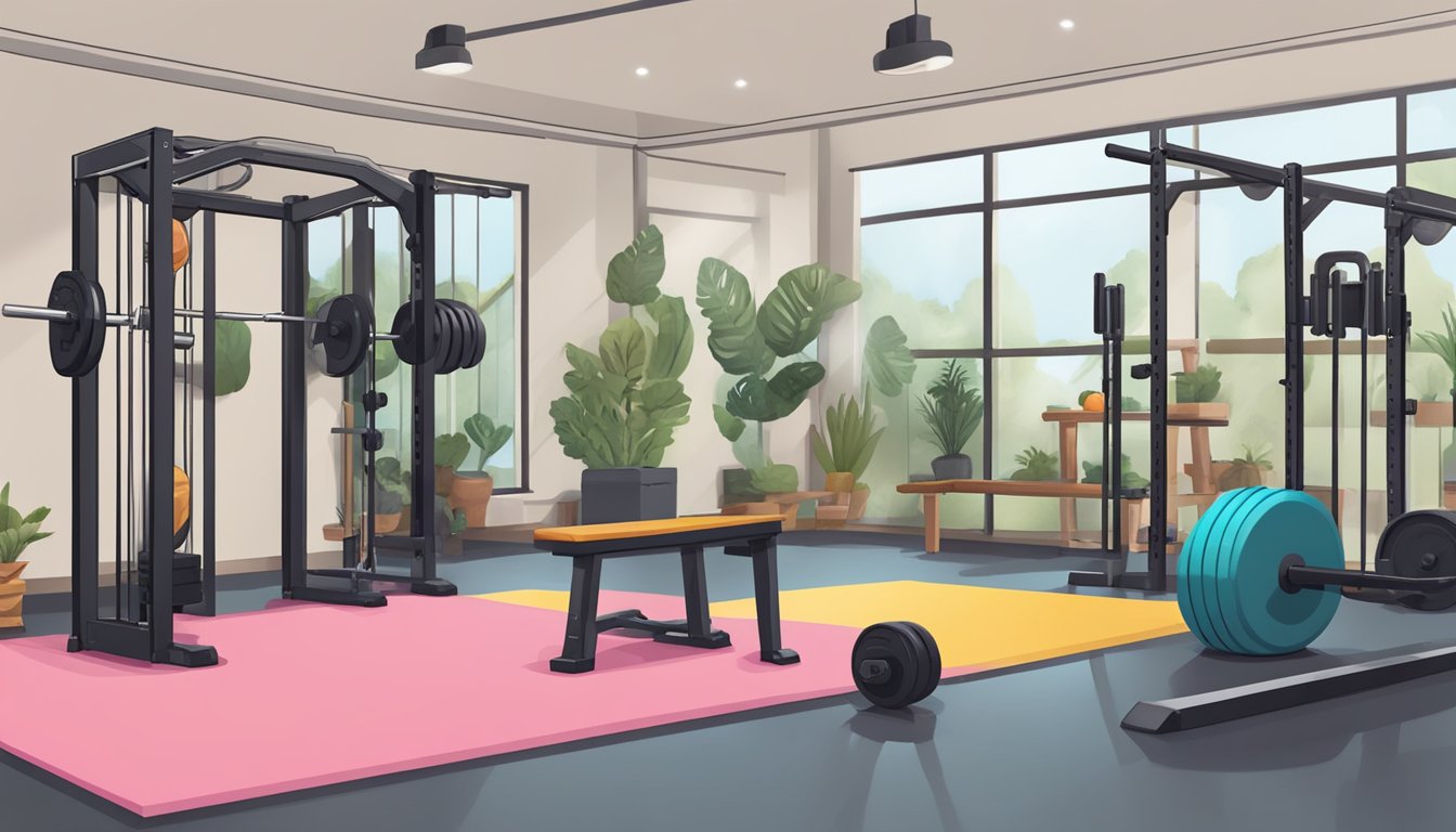 A gym with weightlifting equipment and carnivore diet-friendly foods