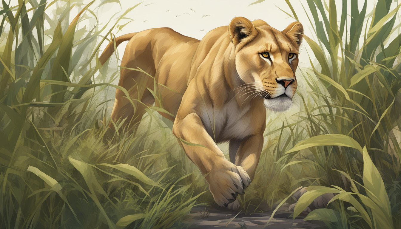 A lioness prowls through tall grass, a fresh kill at her feet. Nearby, a pile of bones and a scattering of fiber-rich plants