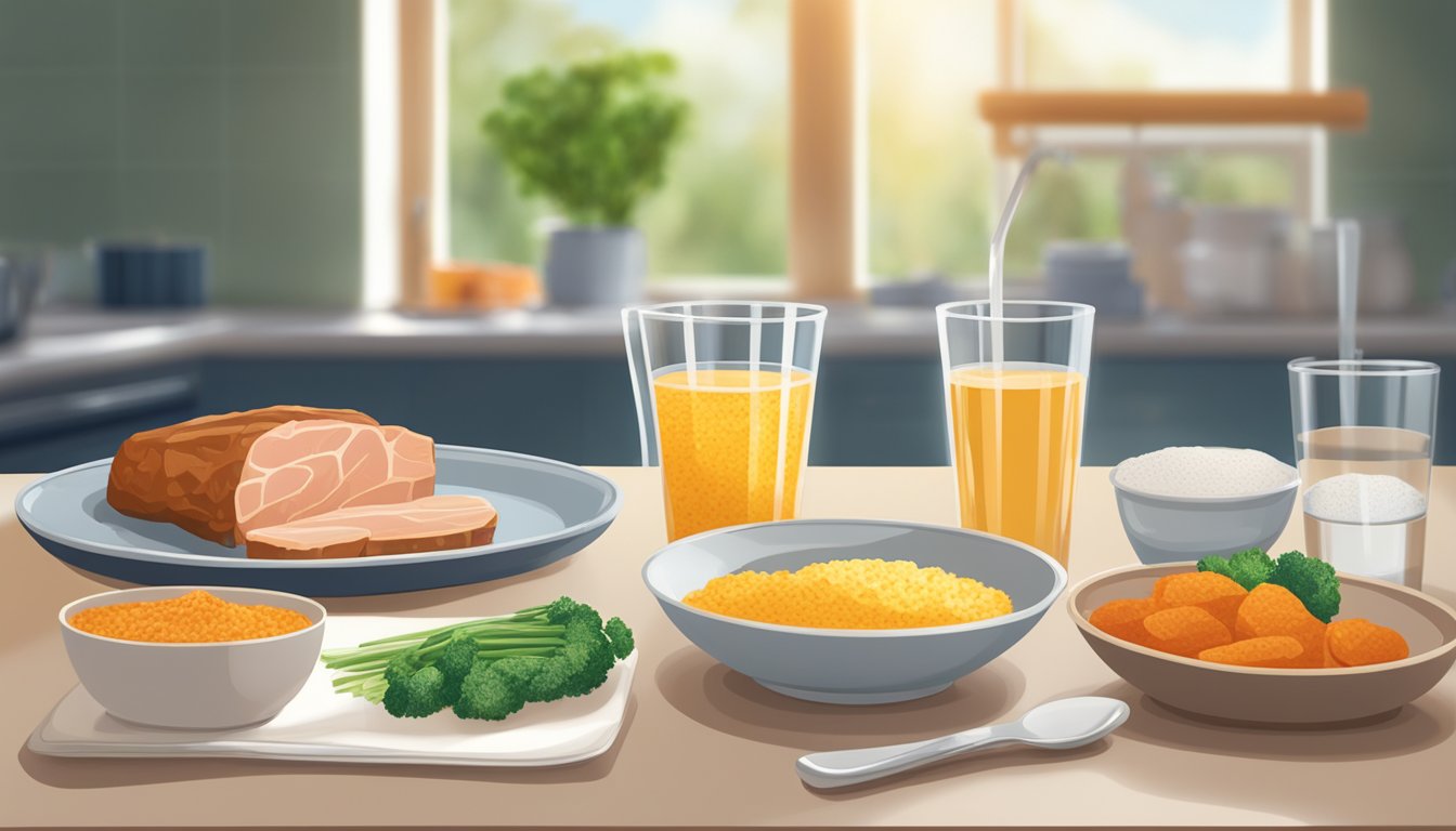 A glass of water with a spoonful of Metamucil powder sits on a table next to a plate of meat and vegetables