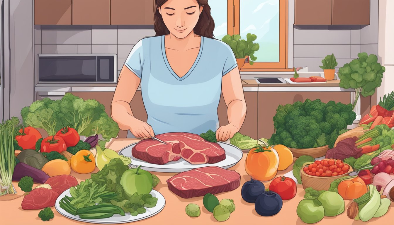 A table set with raw meat, vegetables, and fruits, a woman preparing to start her carnivore diet journey