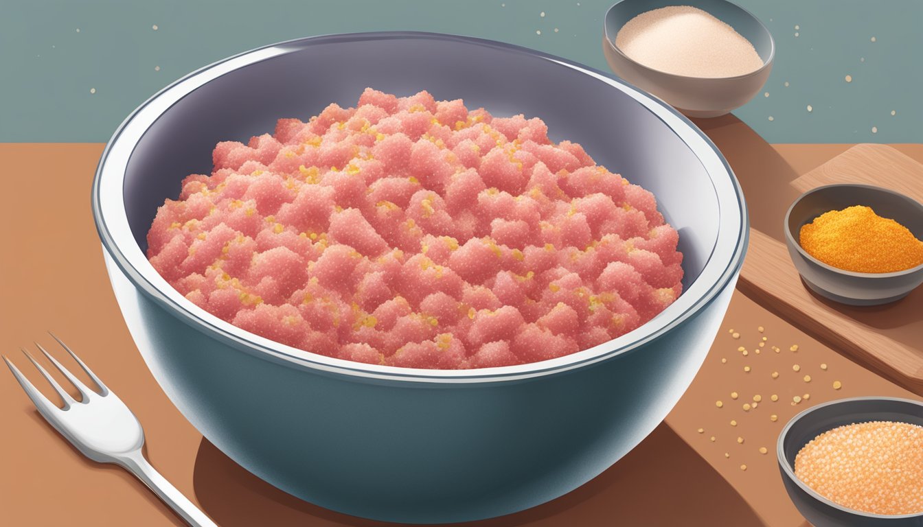 A bowl of raw meat with a sprinkling of Metamucil powder on top