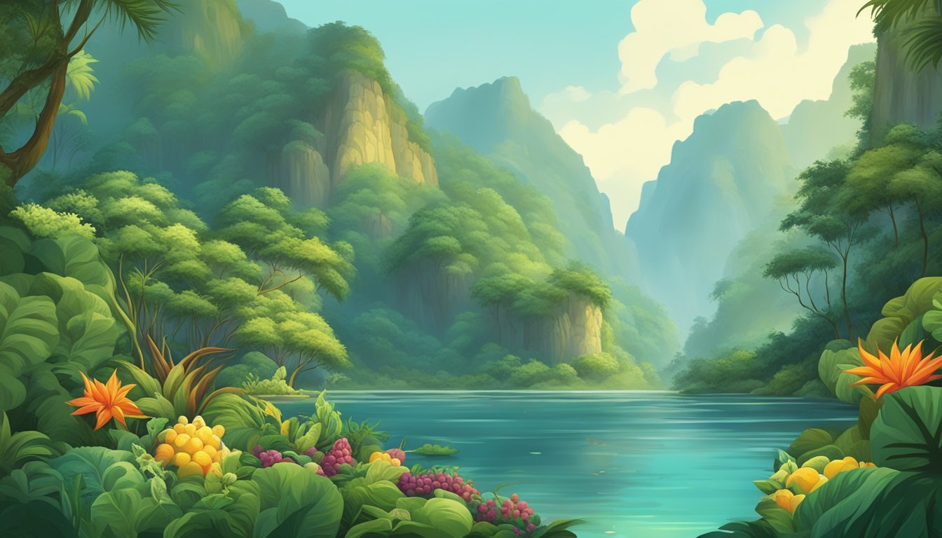 A lush jungle with a clear stream, surrounded by towering cliffs and vibrant plant life. A lone figure sits by the water, surrounded by a variety of exotic fruits and vegetables