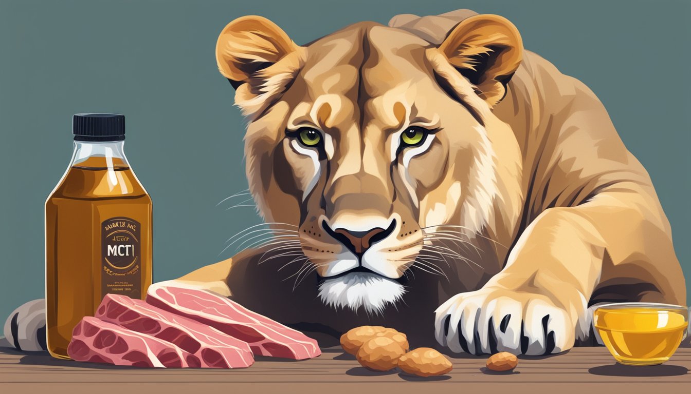 A lioness gazes intently at a bottle of MCT oil, surrounded by raw meat and bones