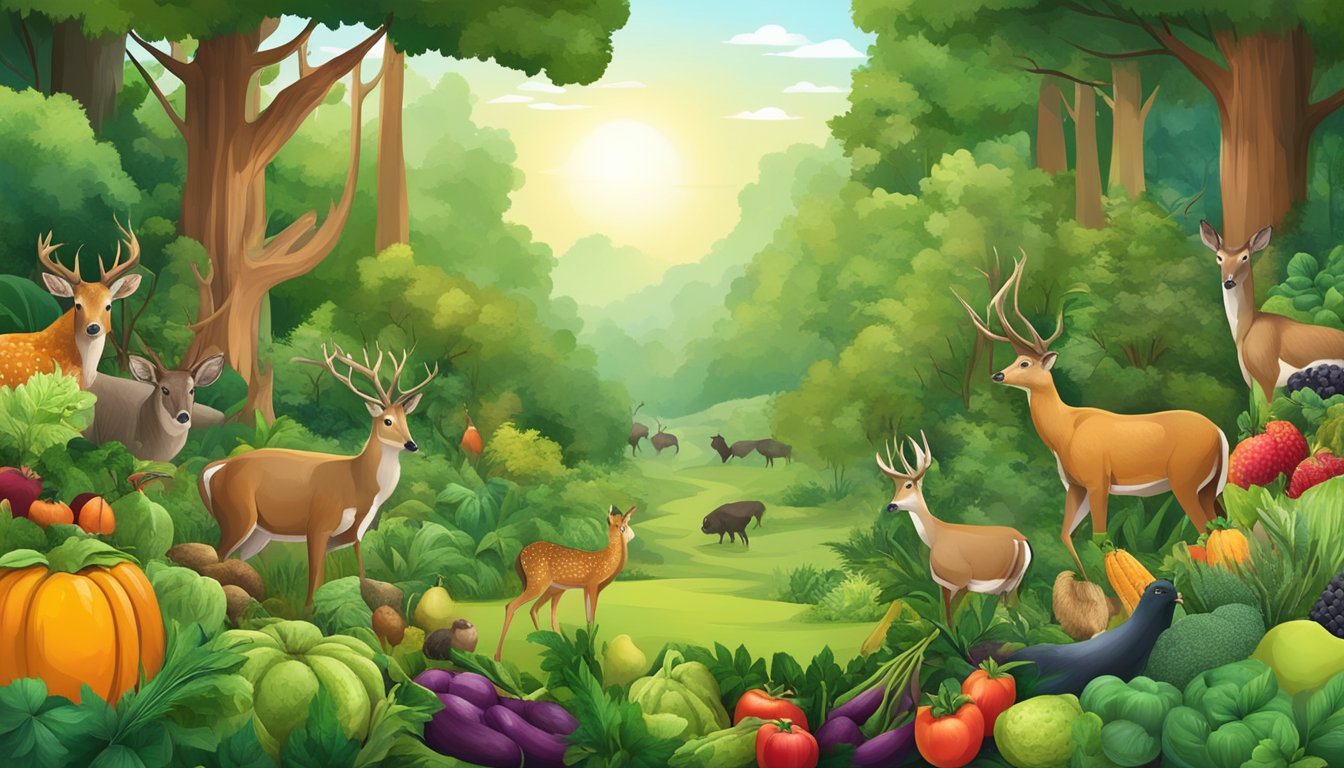 A lush forest with a variety of wild game, fruits, and vegetables, representing an abundant and diverse food source for a carnivore diet