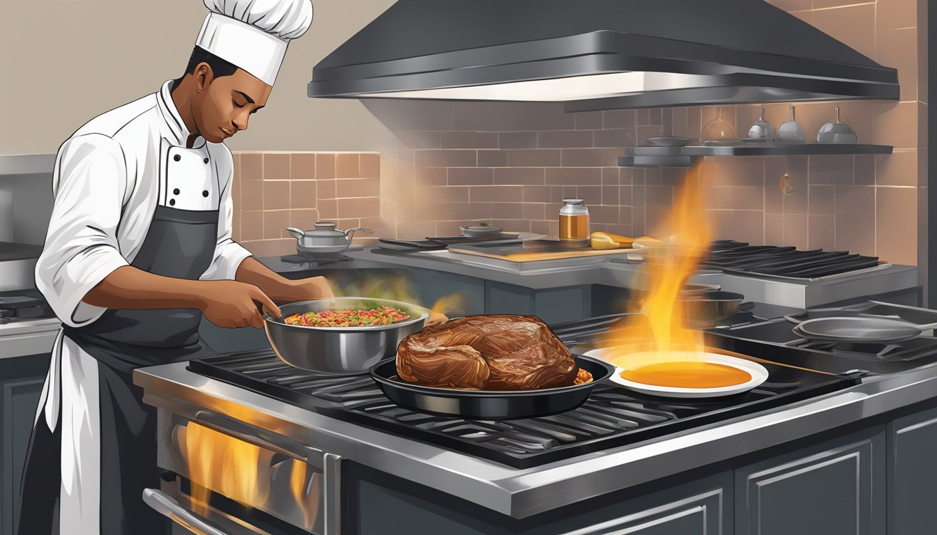 A chef pouring MCT oil into a sizzling pan of meat on a stove