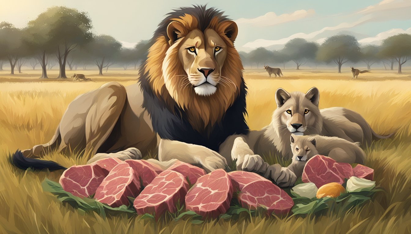 A lion and a pack of wolves feasting on raw meat in a grassy savannah