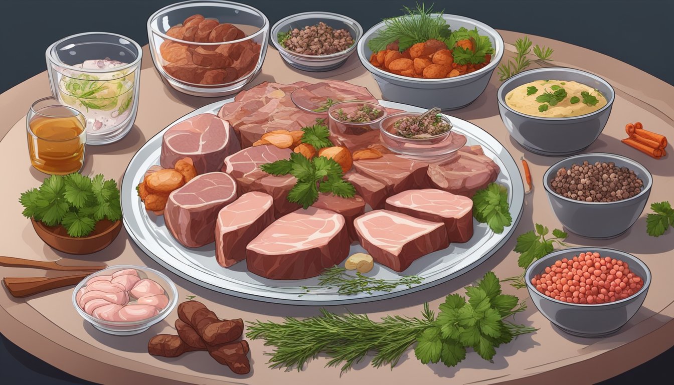 A plate filled with various types of meat and organ meats, surrounded by mold-free herbs and spices, with a clear glass of water on the side