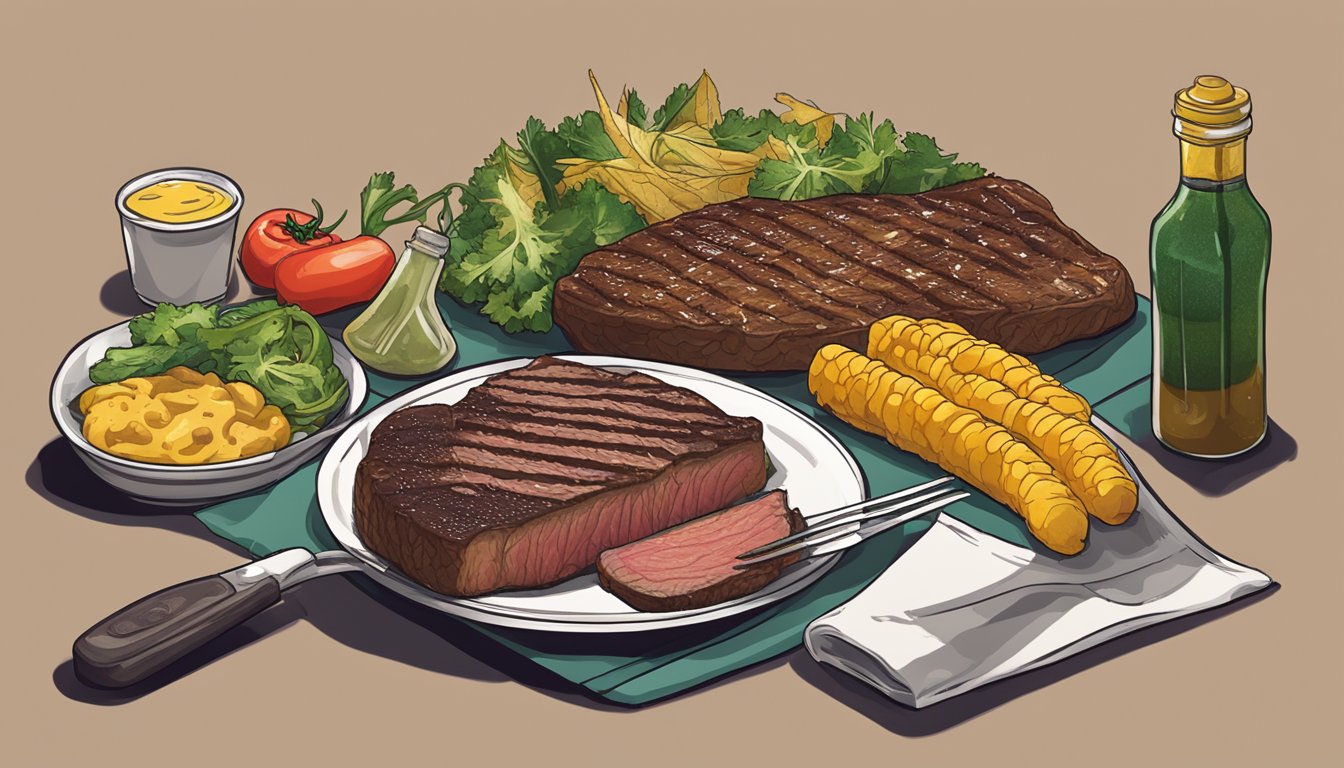 A carnivorous meal with a juicy steak and a side of vegetables, with a bottle of mustard placed off to the side, X'd out