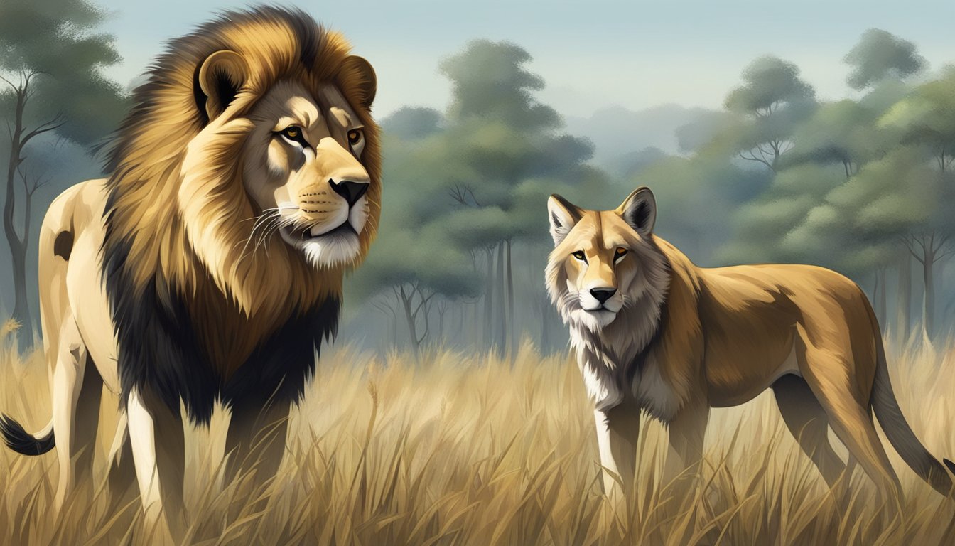 A lion and a wolf stand side by side, one surrounded by grasslands and the other by a forest. The lion is feasting on a zebra, while the wolf is devouring a deer