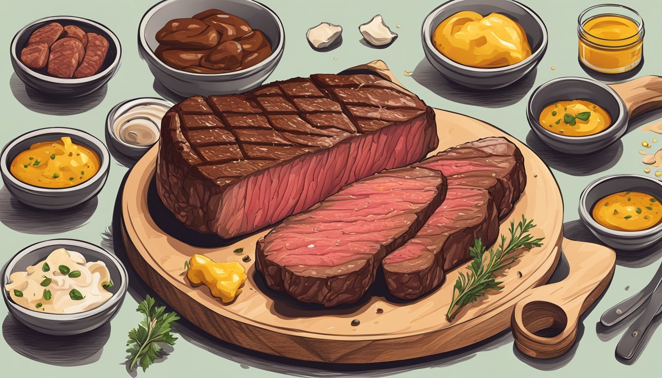 A juicy steak with a dollop of mustard on the side, surrounded by various cuts of meat and animal fat