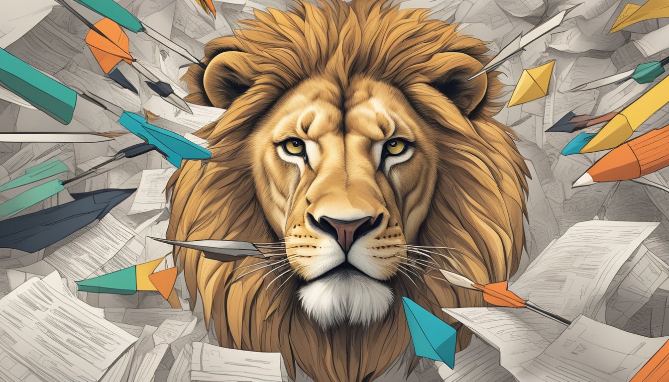 A lion and a carnivorous animal face off, surrounded by research papers and arrows pointing in different directions