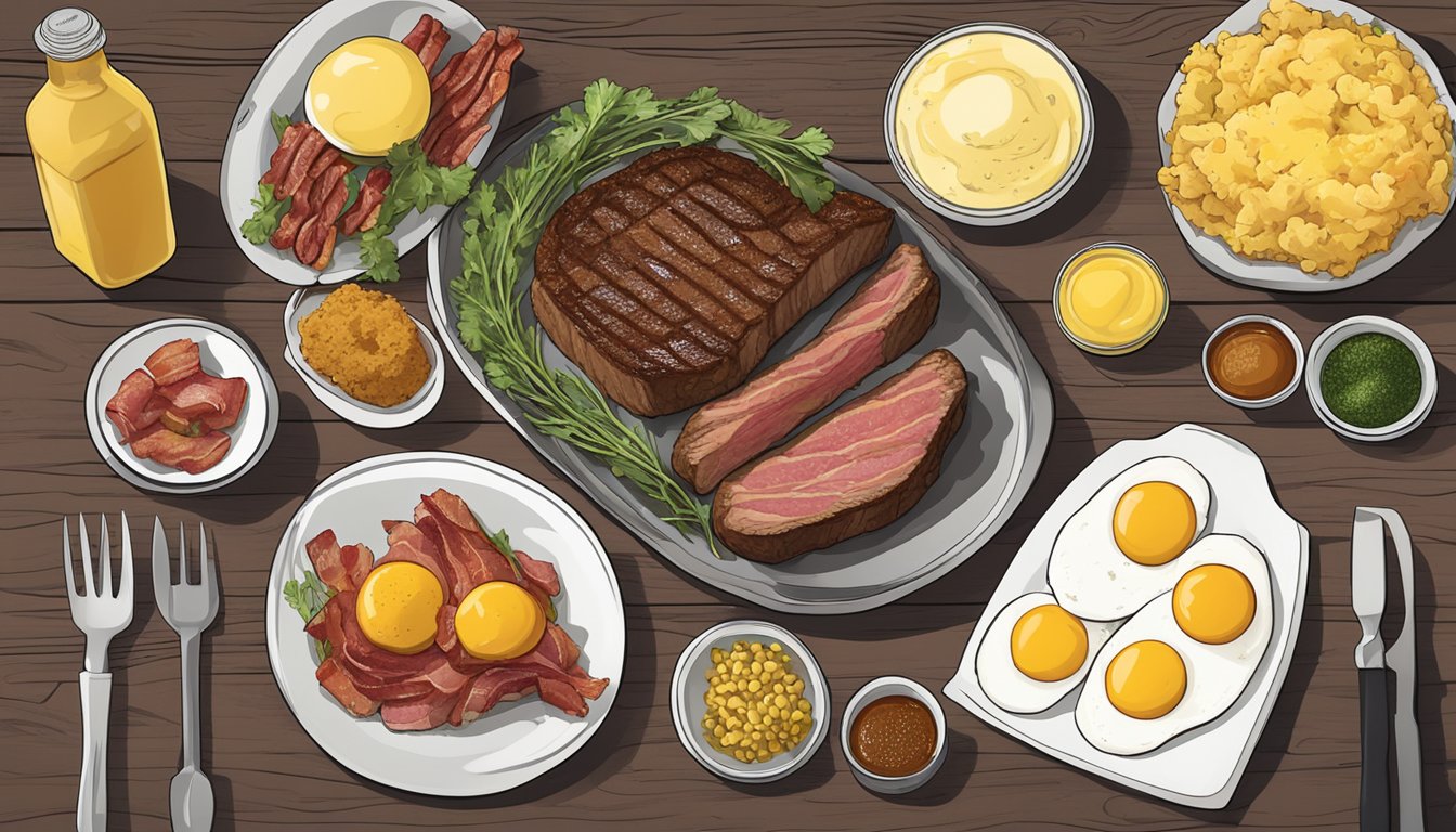 A plate with a variety of carnivorous foods, including steak, eggs, and bacon, with a bottle of mustard next to it