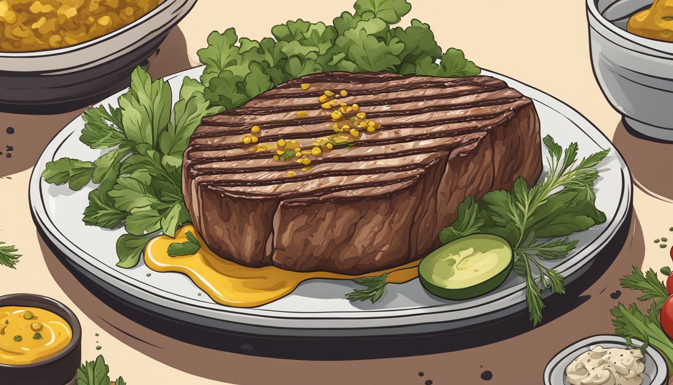 A juicy steak topped with mustard sits on a plate, surrounded by fresh vegetables and herbs