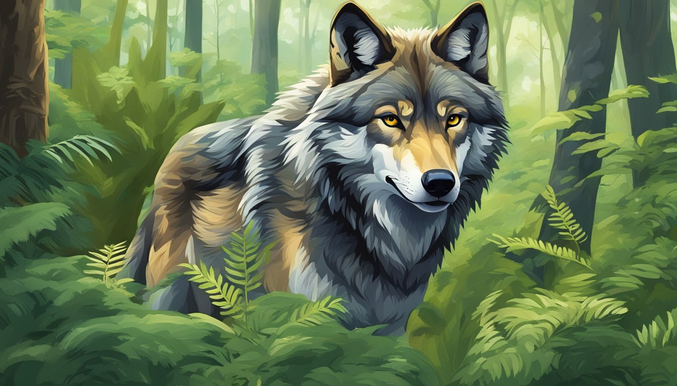 A wolf prowls through a dense forest, its keen eyes scanning for prey. Amidst the foliage, a deer grazes on the lush greenery, unaware of the predator's presence