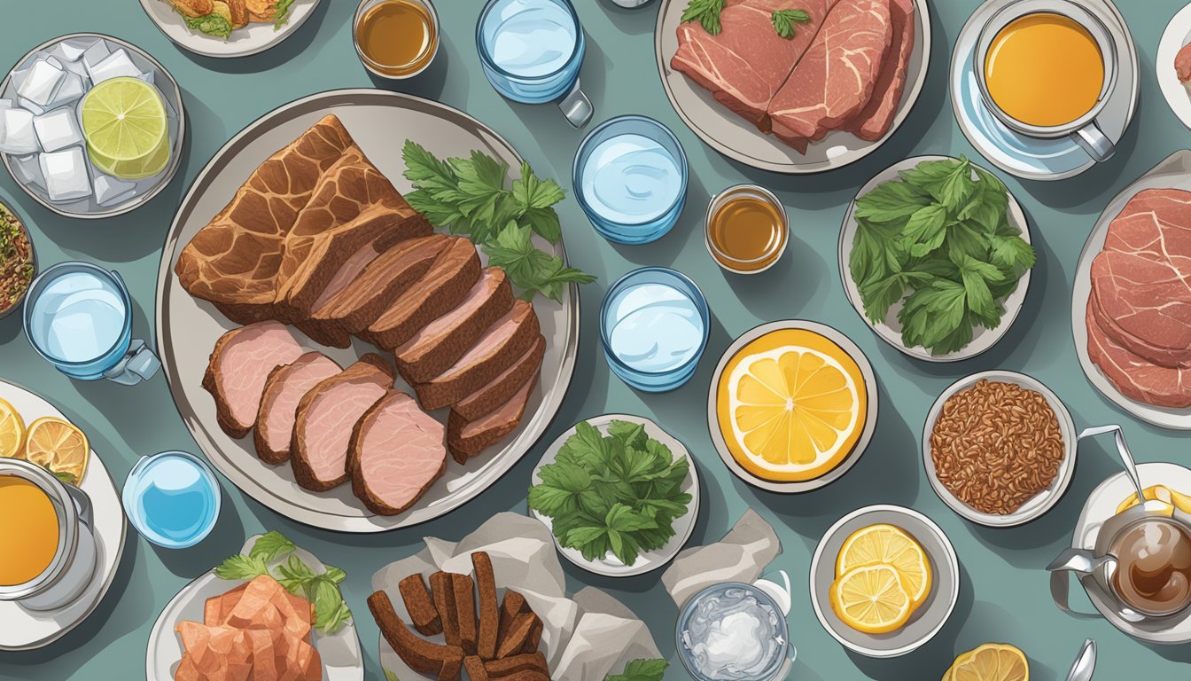 A variety of hydration options surround a plate of meat, including water, electrolyte drinks, and herbal teas