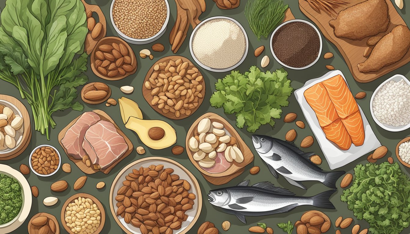 A variety of magnesium-rich foods like nuts, seeds, and leafy greens are arranged on a table, surrounded by meat and fish, representing the Carnivore Diet for Optimal Health