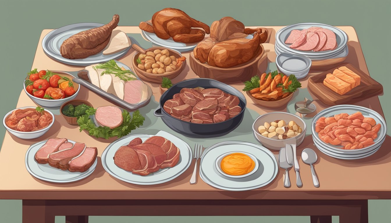 A table set with various meats and animal products, surrounded by empty plates and no sign of vegetables or grains