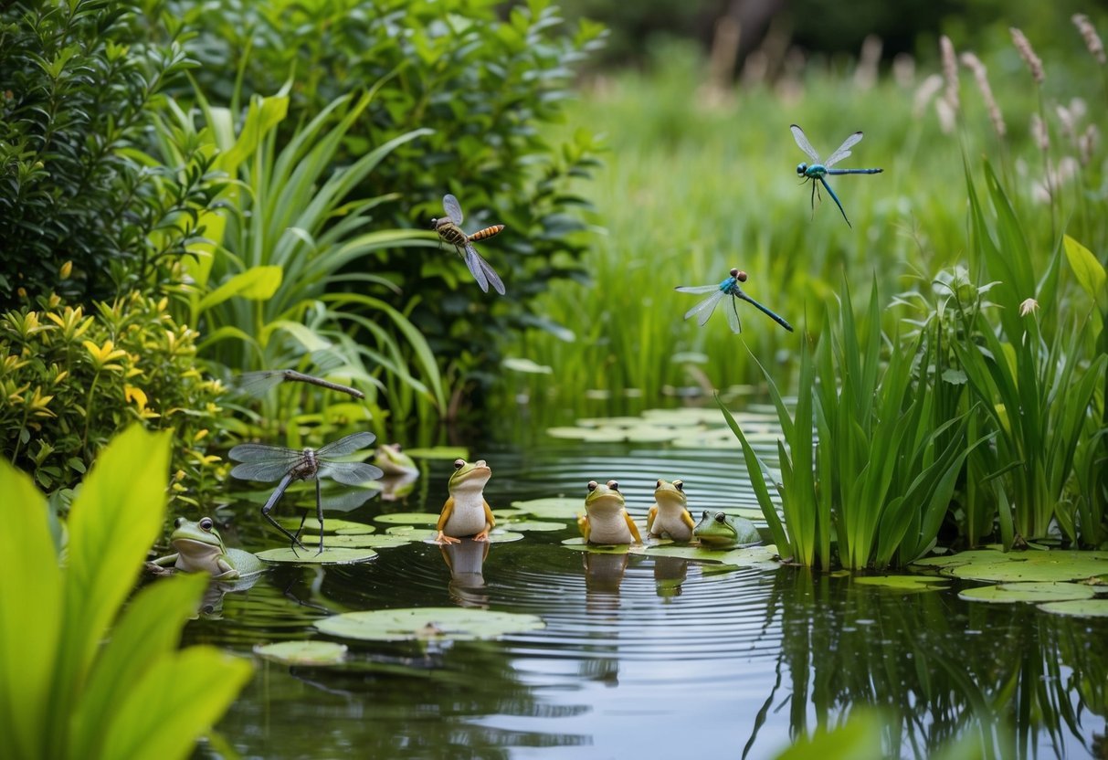 A serene pond surrounded by lush vegetation, with a variety of wildlife such as frogs, dragonflies, and birds enjoying the tranquil water