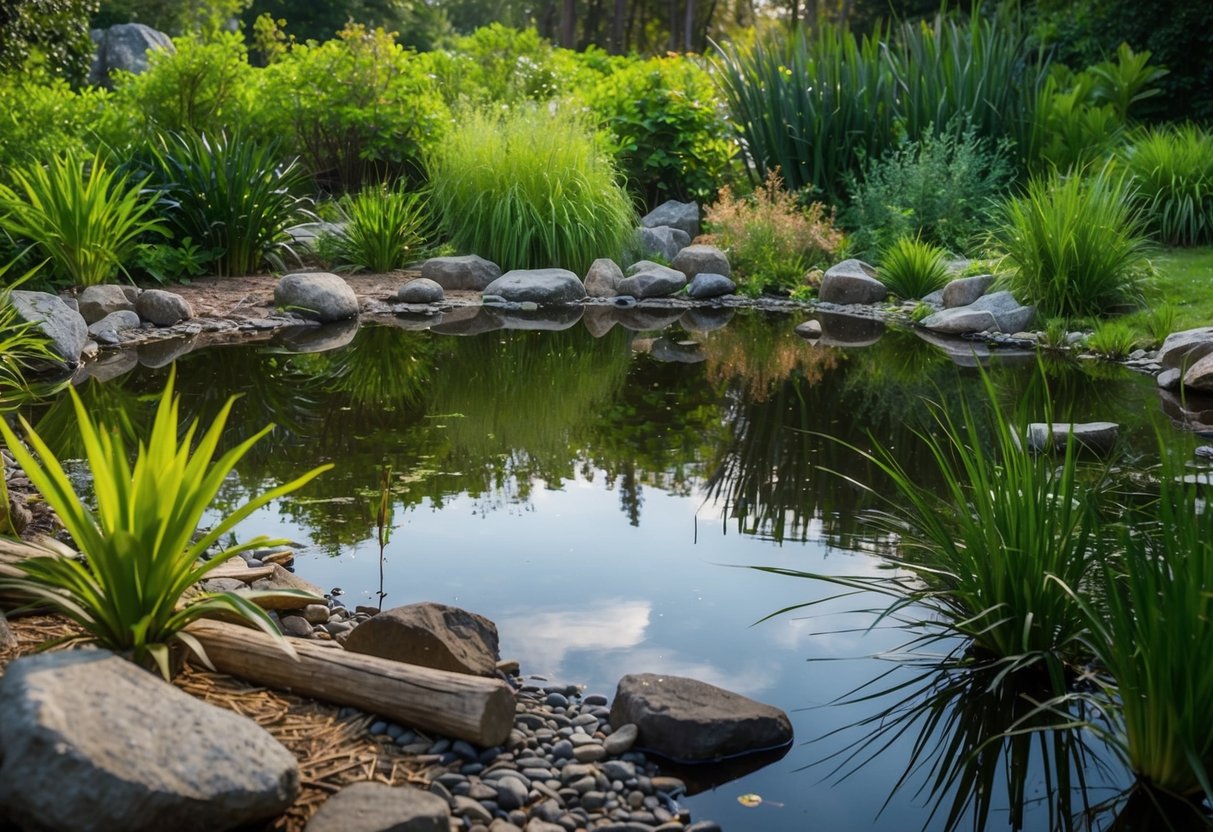 A serene pond surrounded by lush vegetation, with rocks and logs scattered around the edge. Water plants and a variety of wildlife can be seen in and around the pond