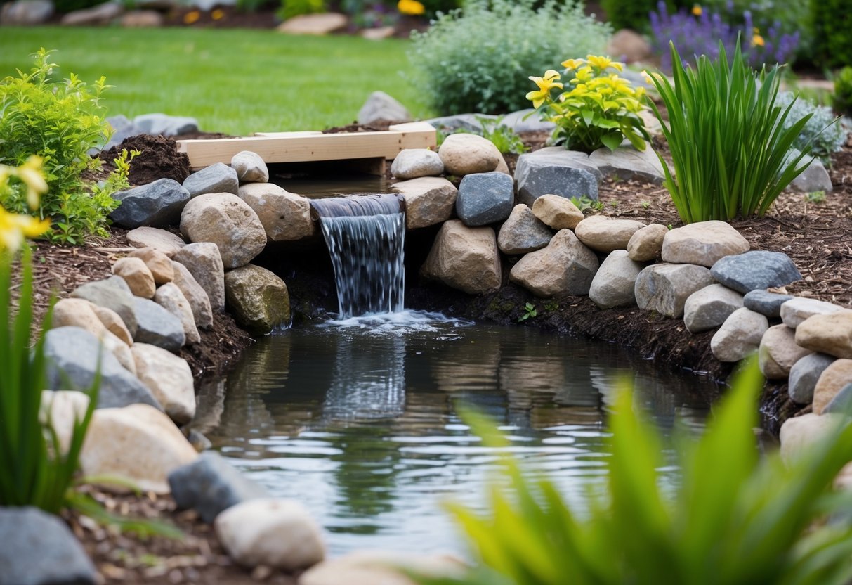 A serene pond being dug in a garden, surrounded by rocks and plants, with a small waterfall flowing into it