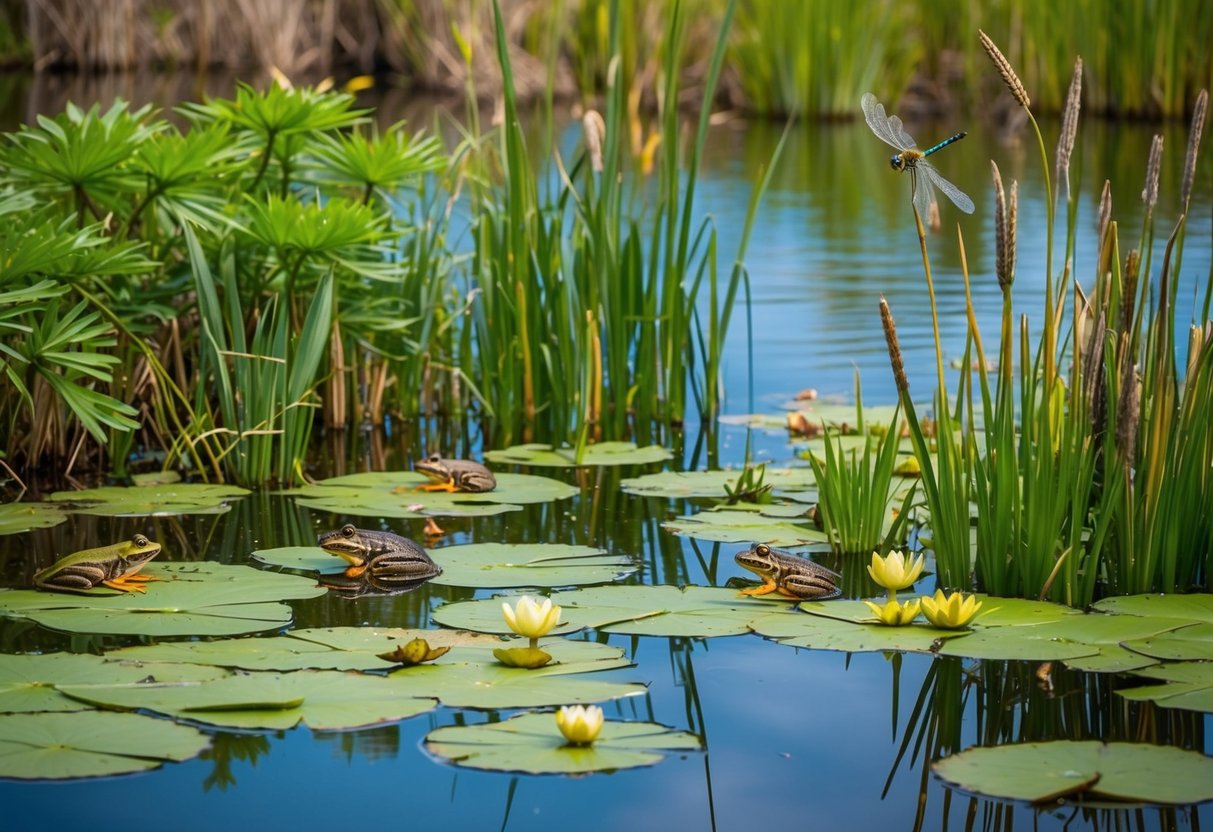 A tranquil pond surrounded by native plants, including water lilies and cattails. A variety of wildlife, such as frogs and dragonflies, can be seen around the water