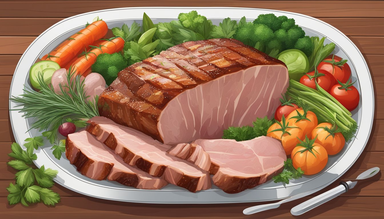 A platter of pork cuts, including ribs and loin, surrounded by fresh herbs and vegetables, with a meat thermometer inserted into the thickest cut