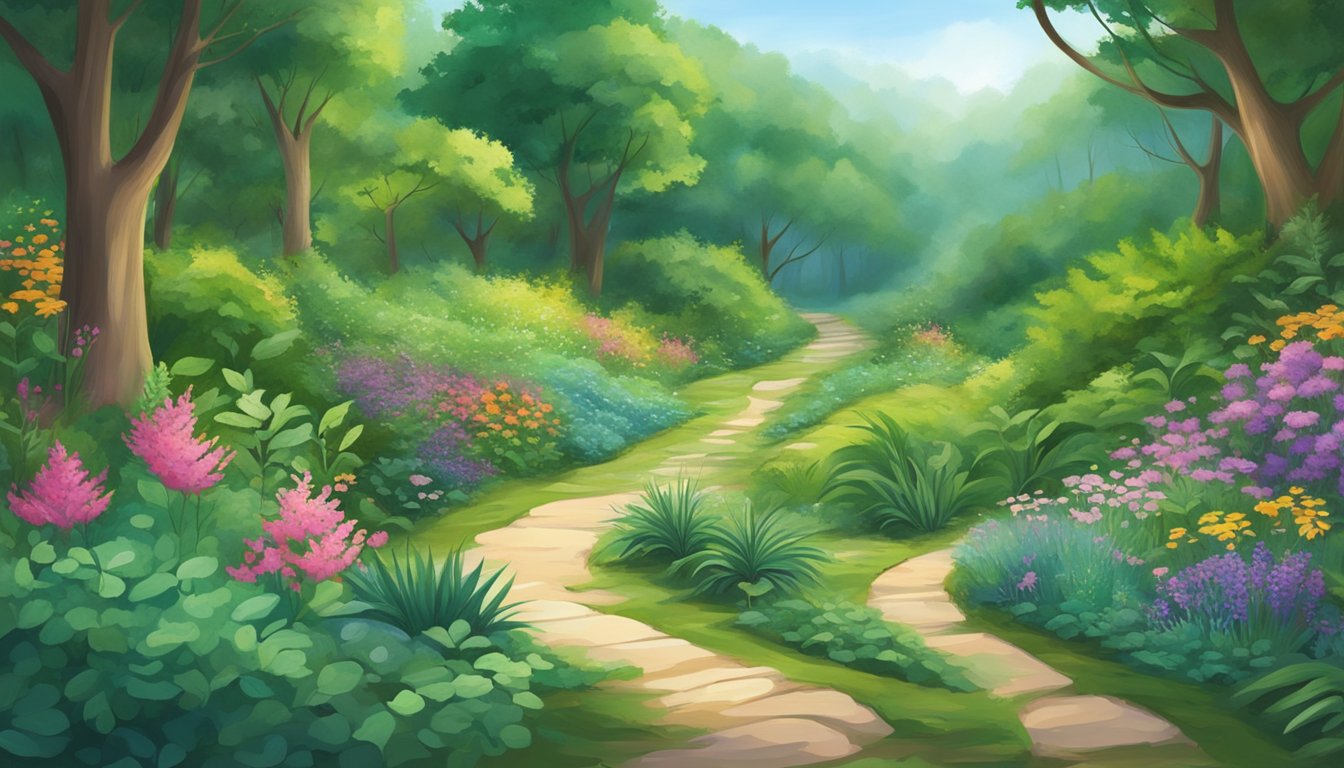 A winding pathway through a lush forest, with vibrant green plants and clear streams, leading to a serene clearing filled with healing herbs and flowers