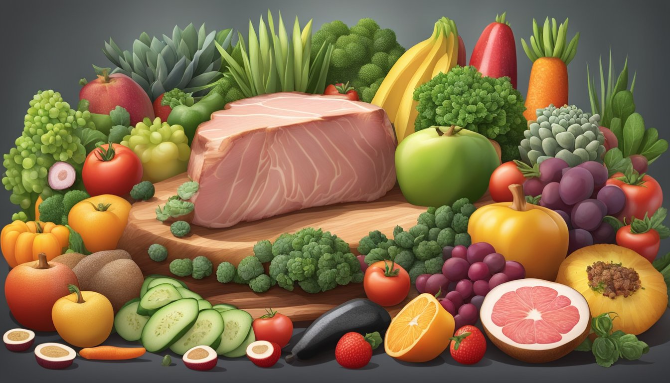 A succulent pork chop surrounded by a variety of fresh vegetables and fruits, showcasing the nutritional profile of pork in a carnivore diet