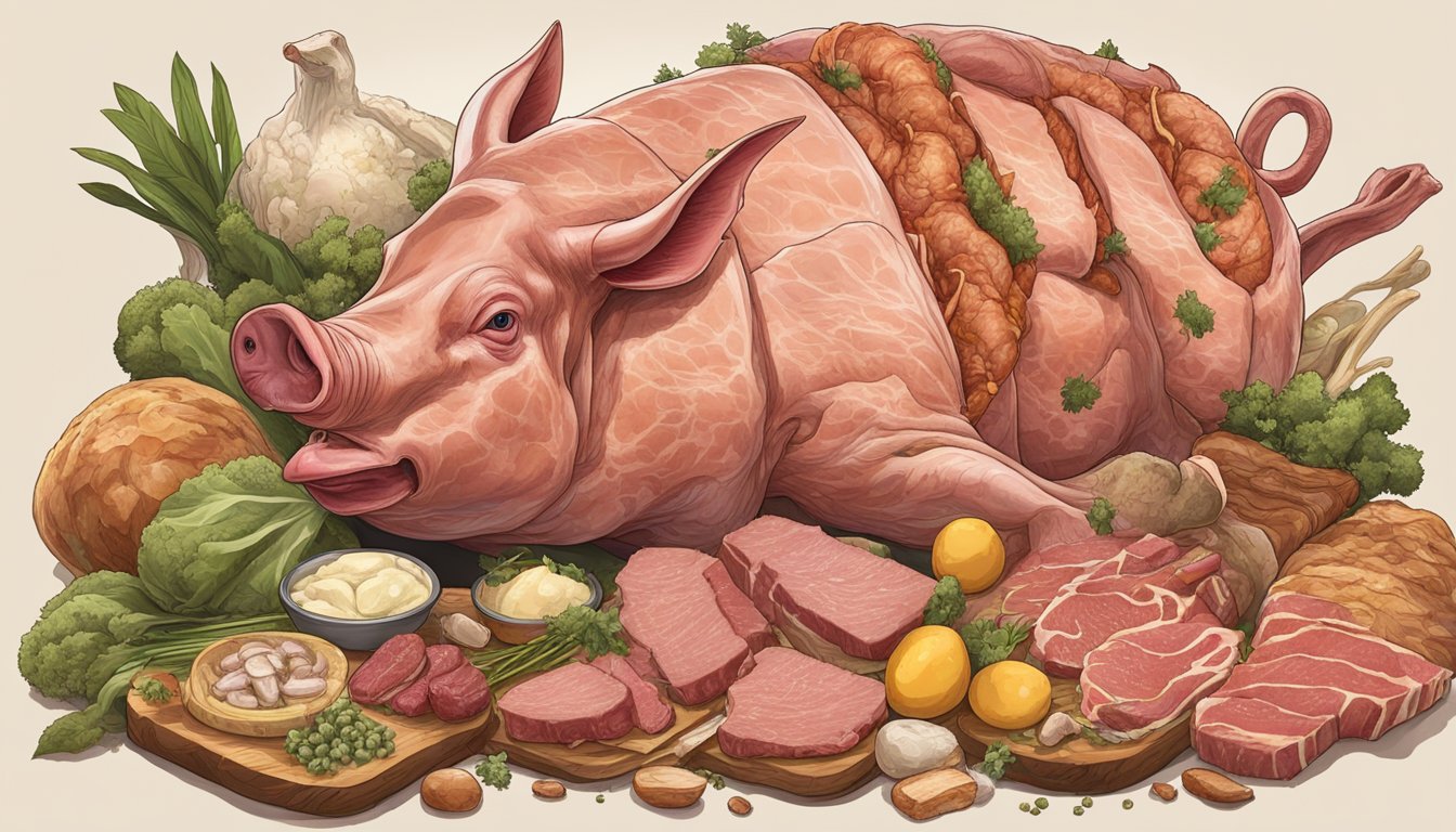 A carnivorous animal consuming a piece of pork, surrounded by various sources of fat such as meat and bone marrow