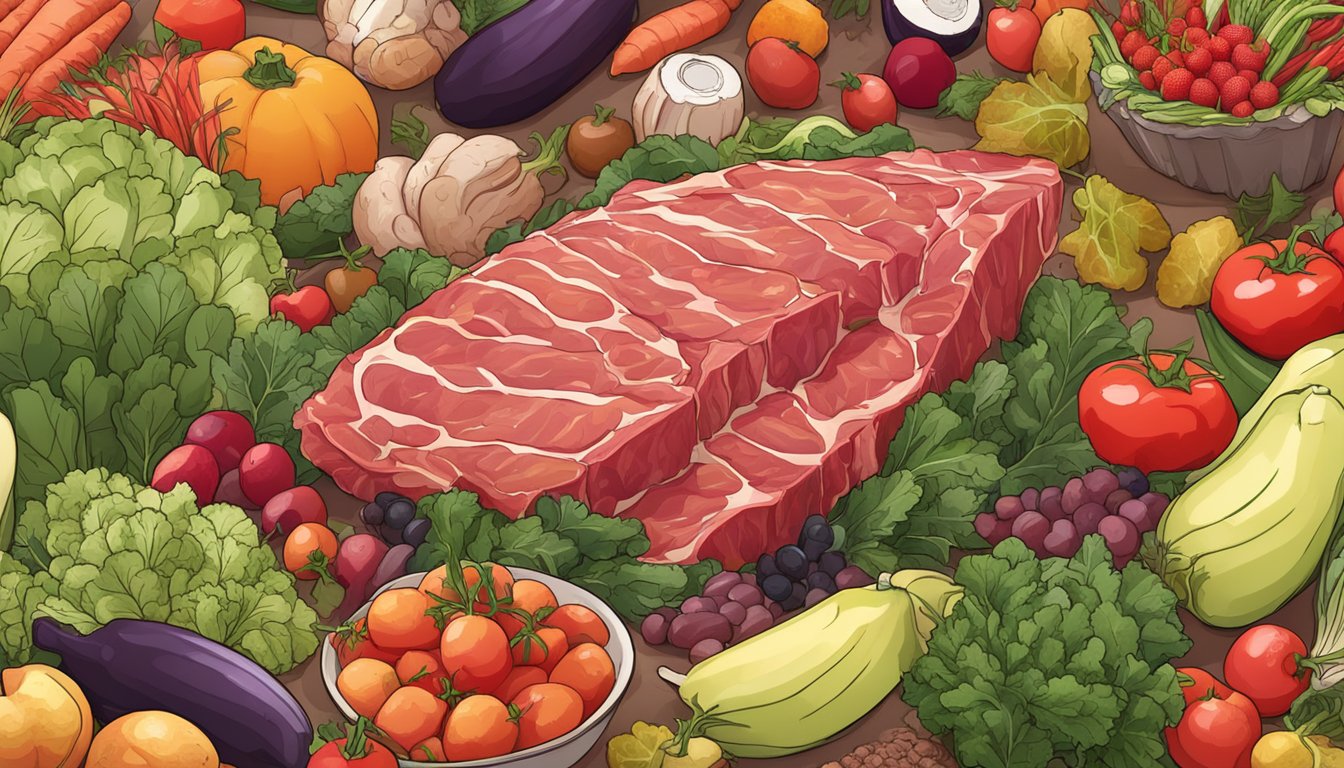 A pile of raw meat surrounded by wilted vegetables and fruits, with a red "x" over the plant-based foods