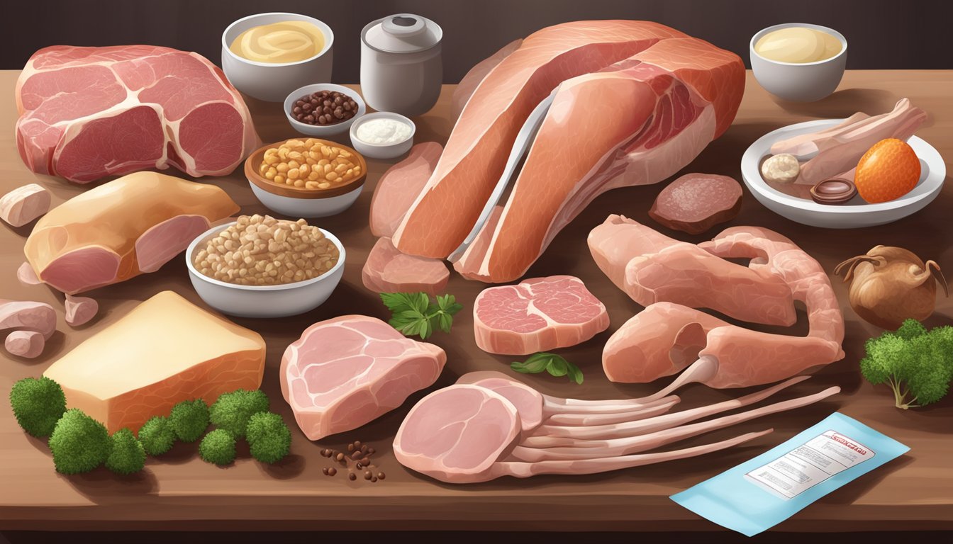 A variety of meats, bones, and organs arranged on a table, with a nutrition label showing high saturated fat and cholesterol