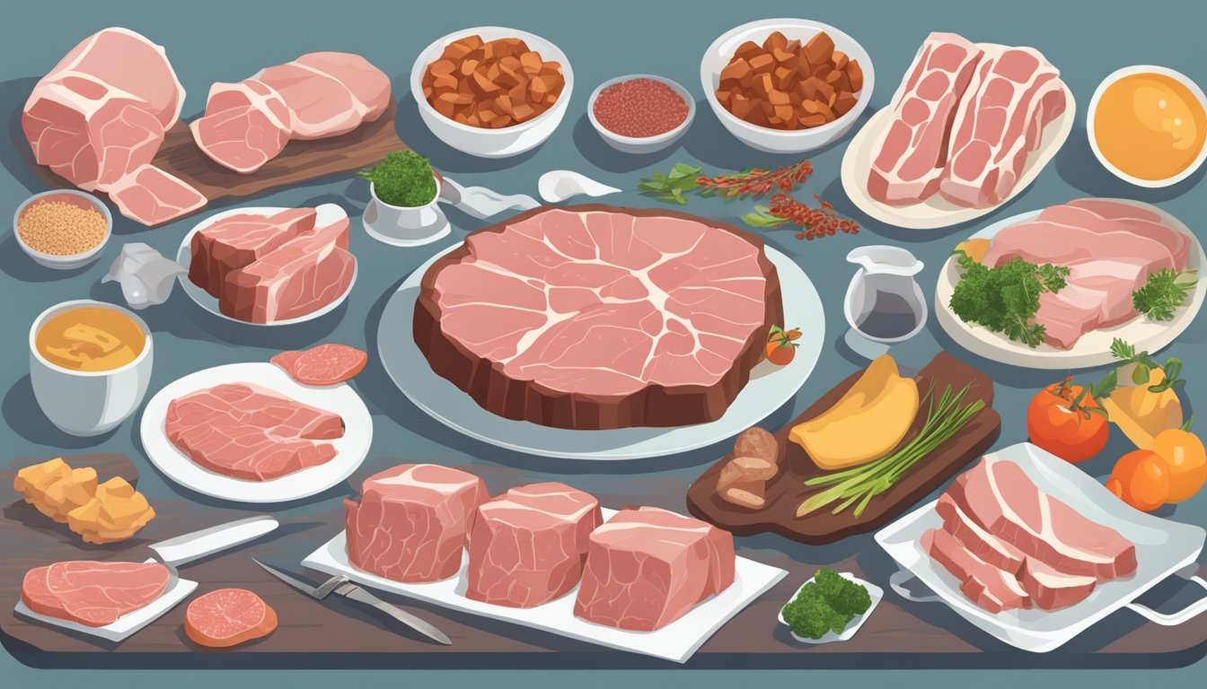 A table set with various cuts of pork, surrounded by nutritional charts and a carnivore diet guide