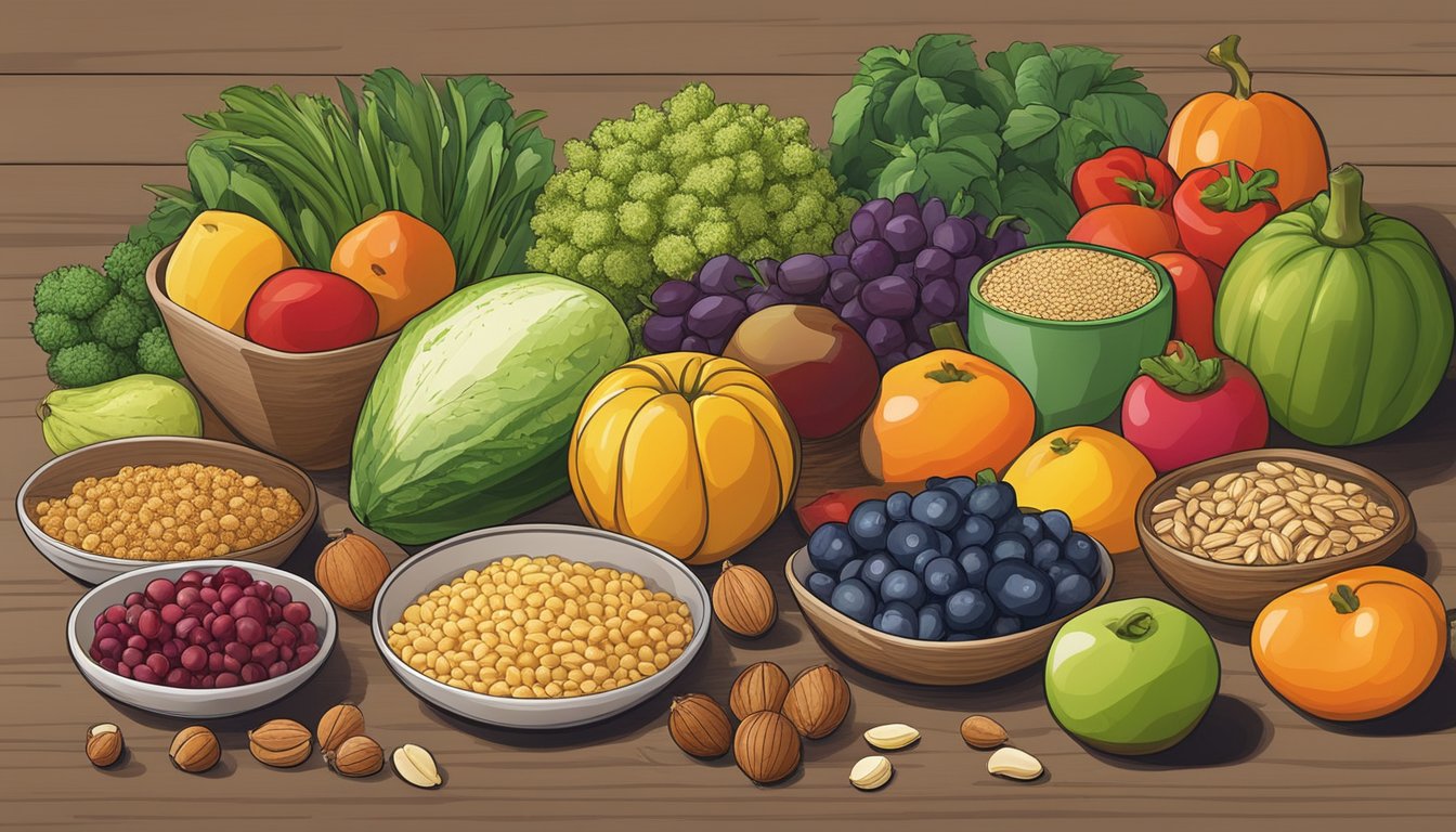 A variety of fresh fruits, vegetables, nuts, and grains arranged on a table, with a scale nearby showing a decrease in weight