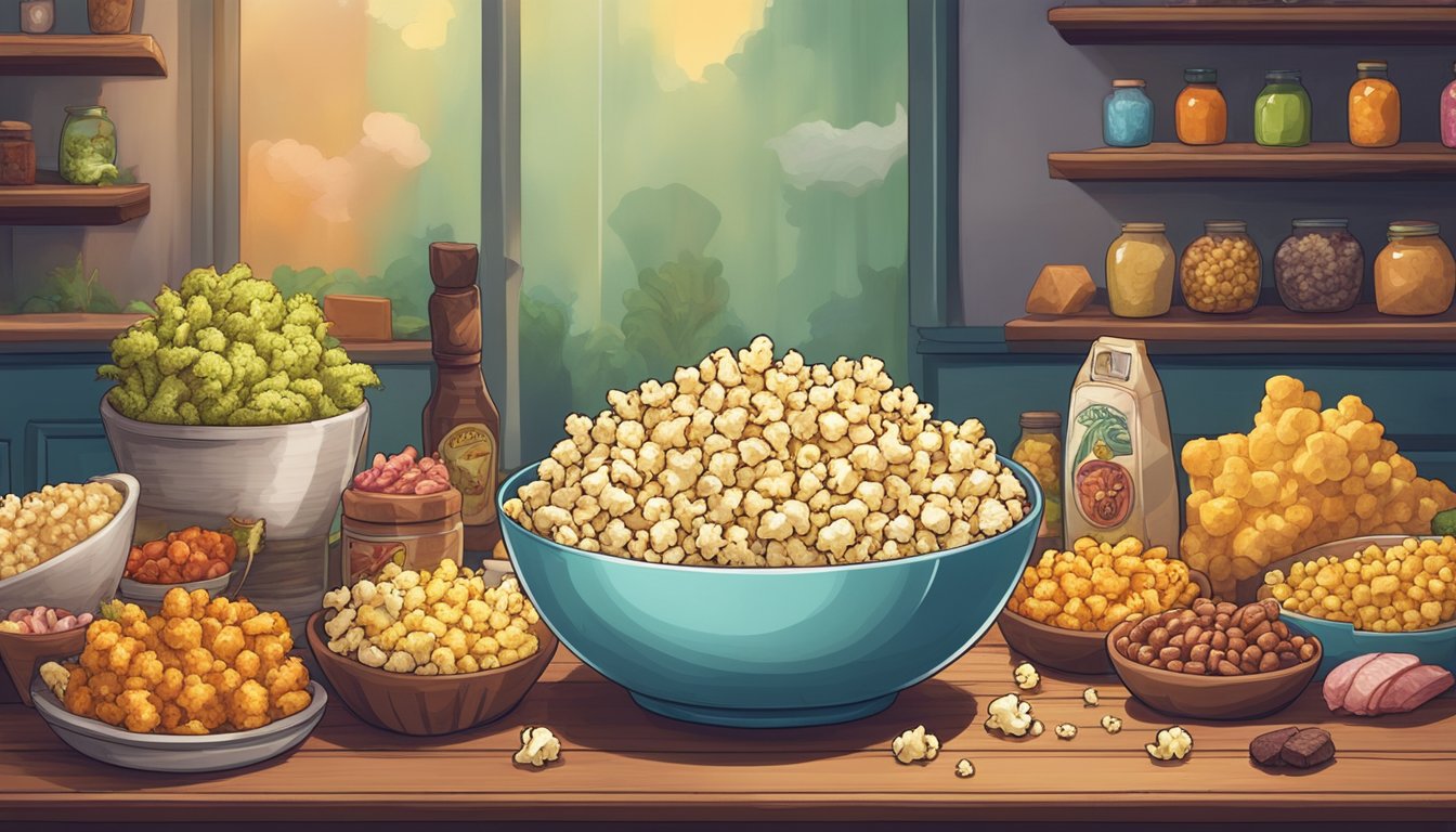 A bowl of popcorn sits on a wooden table, surrounded by a variety of carnivorous food items such as meat and cheese