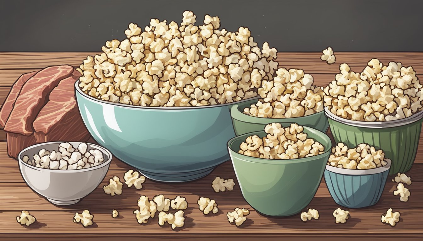 A bowl of plain, air-popped popcorn sits on a wooden table, surrounded by a selection of raw meat and bones