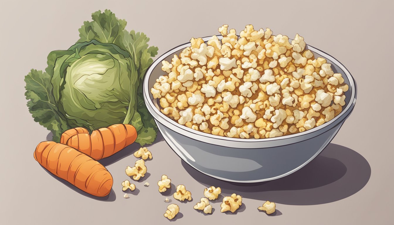 A carnivore diet with a bowl of popcorn, next to a pile of discarded vegetable scraps