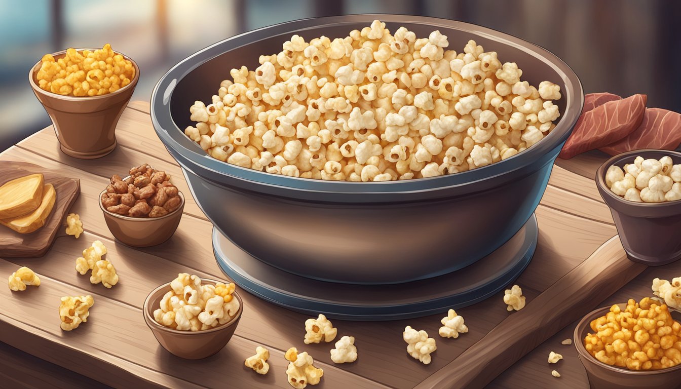 A bowl of popcorn sits on a wooden table surrounded by various meats and animal products