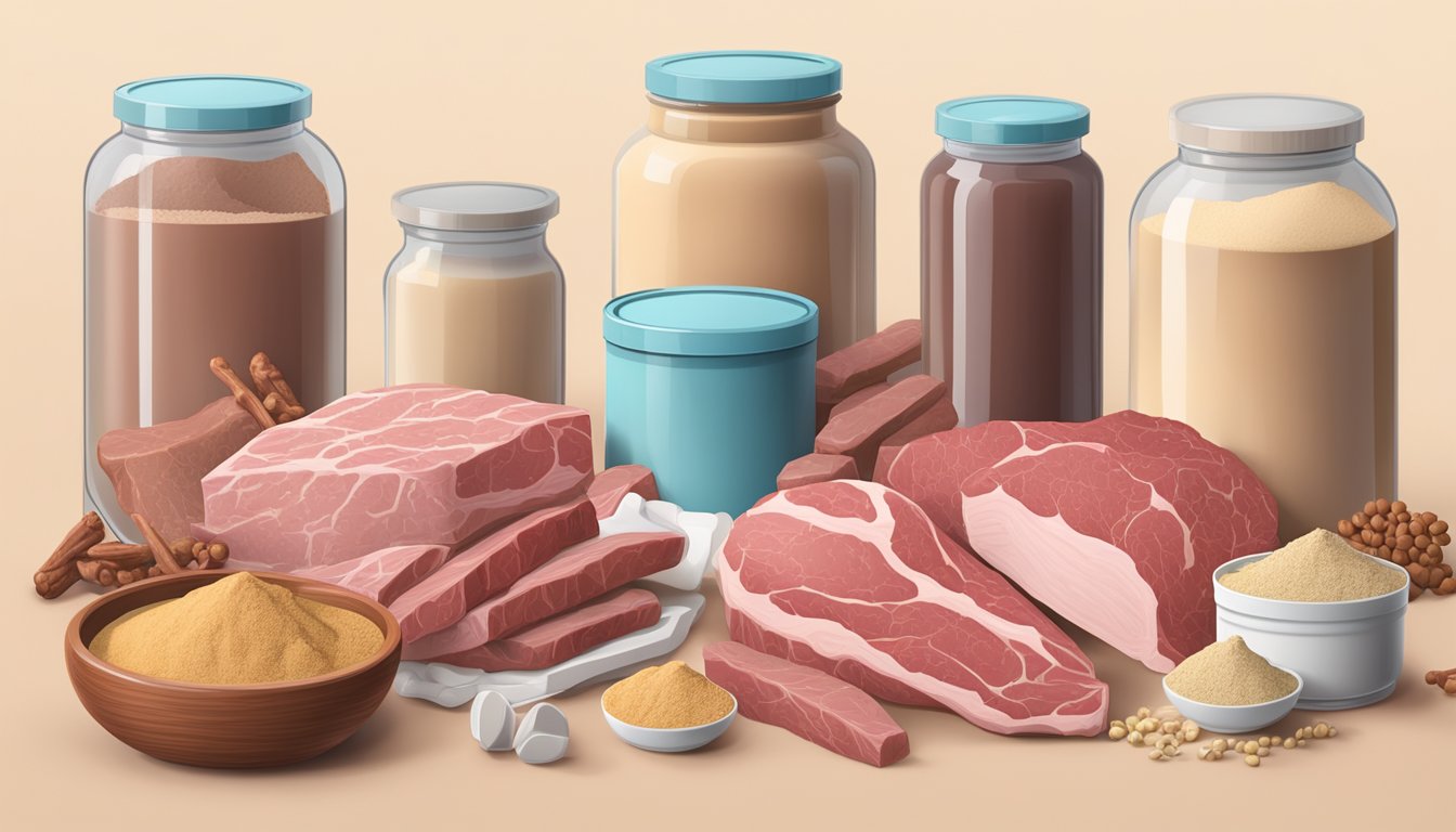 A variety of protein powder containers surrounded by raw meat and bones