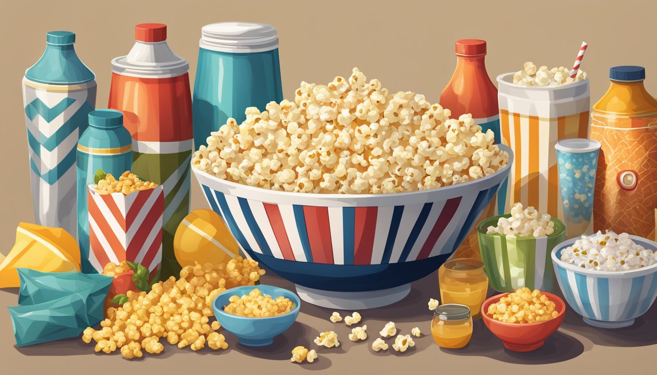 A bowl of popcorn surrounded by various beverages and condiments