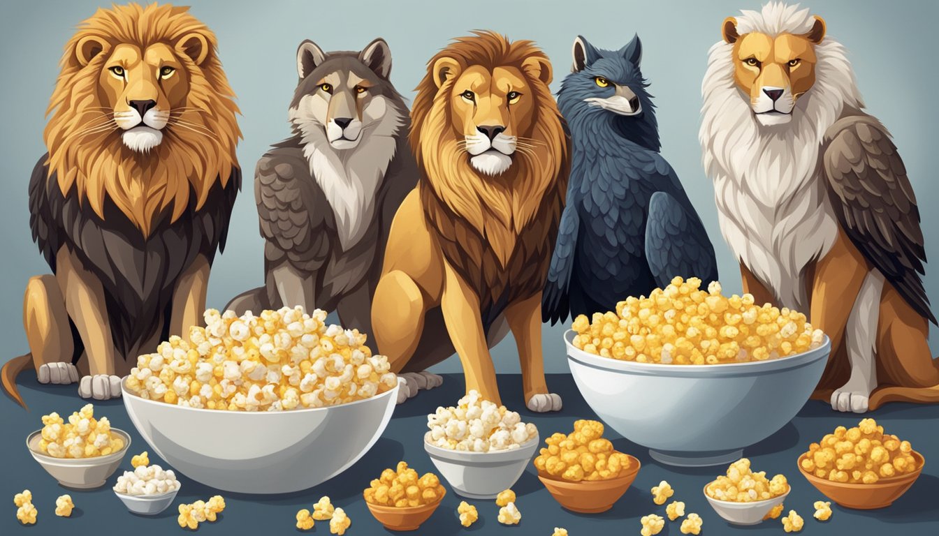 A variety of carnivorous animals, such as lions, wolves, and eagles, surrounded by bowls of popcorn, with a bold and confident demeanor